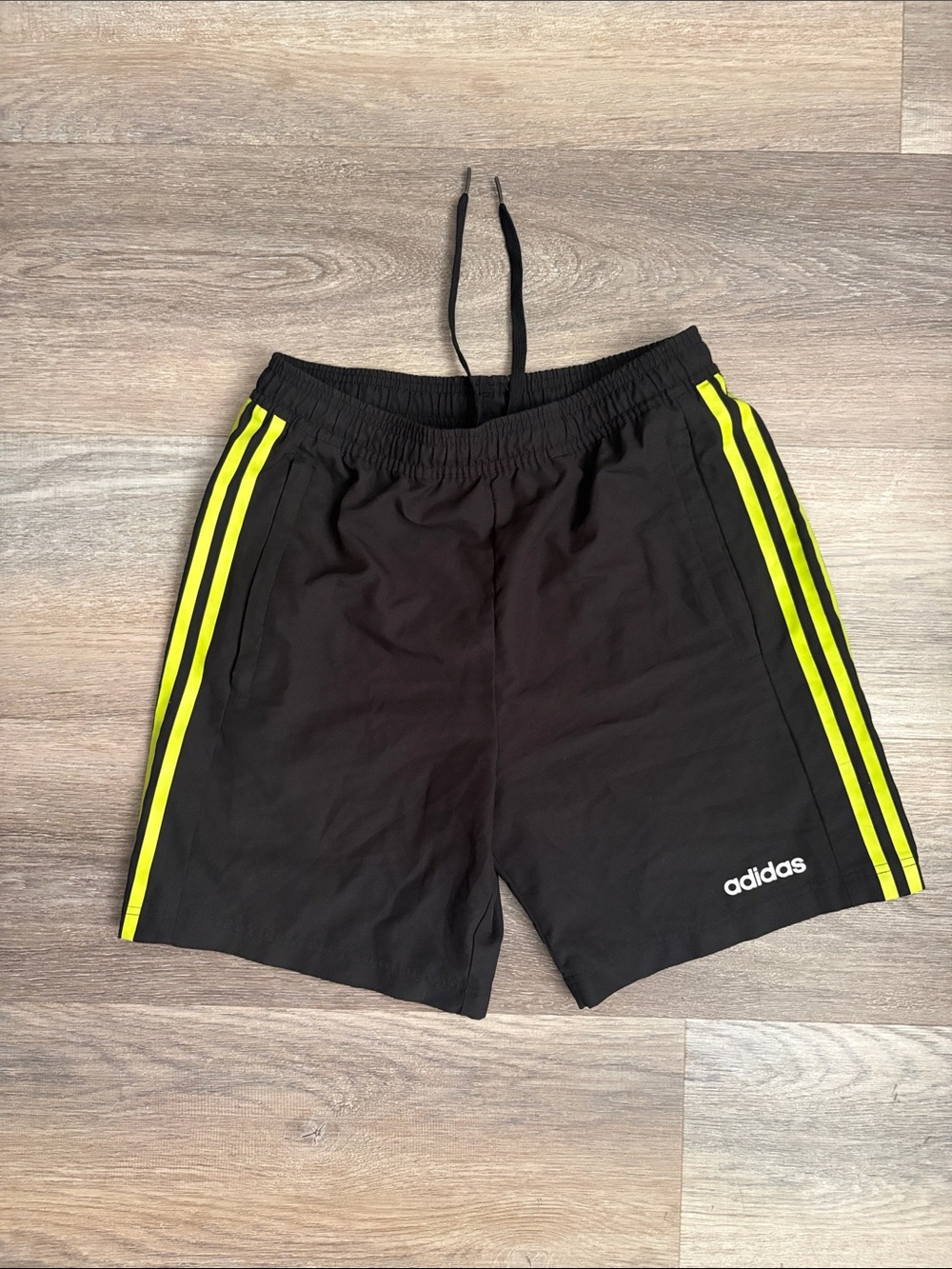 adidas Men’s Black Athletic Shorts with Neon Yellow Side Stripes